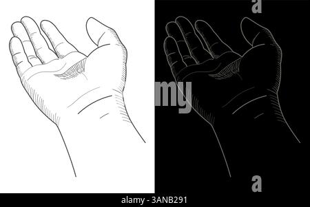 Disegno a mano di una mano umana aperta in due versioni, nero su bianco e grigio su sfondo nero. Aiuto, donazione e supporto Illustrazione Vettoriale