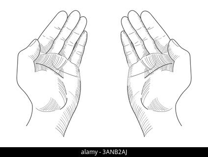 Disegno a mano di due mani aperte rivolte verso l'alto, simboleggiando l'accettazione o la preghiera. Perfetto per concetti come generosità, spiritualità, devozione Illustrazione Vettoriale