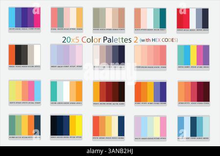 20 x 5 tavolozze colori 2 con vettore codici esadecimali, scopri 20 serie di tavolozze di colori vettoriali vibranti - 5 colori unici ciascuno per design eleganti: Chiaro, scuro Illustrazione Vettoriale
