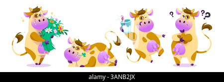 Simpatici personaggi di mucca isolati su sfondo bianco. Cartoni animati vettoriali che illustrano un divertente animale da fattoria con mammelle che tengono fiori, sdraiati, bevono cocktail di latte, pensieri, belle mascotte di prodotti caseari Illustrazione Vettoriale