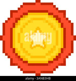 Icona pixelata della Golden Star Medal. Pixel Art Symbol of Award Medals con Star Design. Illustrazione del vettore isolato Illustrazione Vettoriale