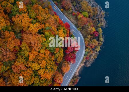 Vista aerea delle curve della strada vicino al lago in autunno, Taiwan Foto Stock