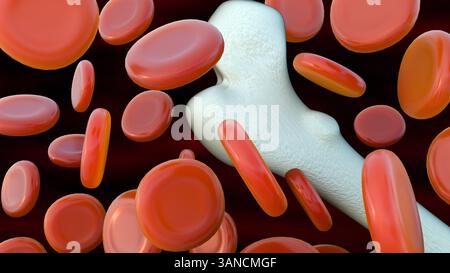 Una rappresentazione 3d di eritrociti o eritrociti sparsi è rappresentata in modo prominente accanto a un osso femorale. Foto Stock