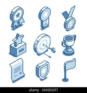 set vettoriale isometrico di icone lineari sotto forma di premi, a colori su sfondo bianco, coppe e medaglie o vittoria e raggiungimento di un obiettivo Illustrazione Vettoriale