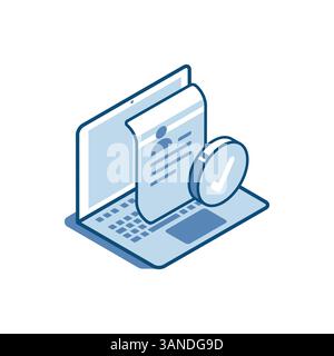 laptop vettoriale isometrico sullo schermo, sul quale è presente un'icona lineare del modulo di candidatura, a colori su sfondo bianco, ricerca dipendente Illustrazione Vettoriale