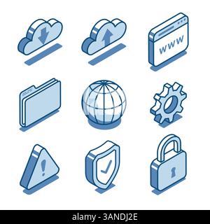 set vettoriale isometrico di icone lineari cloud e pagina internet, nonché schermatura e blocco, a colori su sfondo bianco, download cloud e dati pr Illustrazione Vettoriale