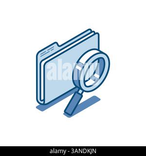cartella vettoriale isometrica con icona lineare a lente d'ingrandimento, a colori su sfondo bianco, alla ricerca di file o all'utilizzo di documenti Illustrazione Vettoriale