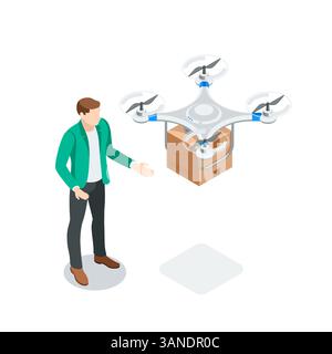 drone di posta vettoriale isometrico con scatola e uomo, a colori su sfondo bianco, tecnologia moderna o consegna di pacchi e ordini Illustrazione Vettoriale
