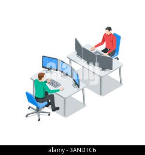 uomini vettoriali isometrici che lavorano a un tavolo con tre monitor, a colori su uno sfondo bianco, un uomo di un computer o uno sviluppatore di programmatori Illustrazione Vettoriale