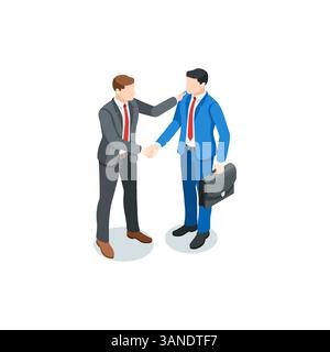 uomo d'affari vettoriale isometrico che saluta un altro uomo toccandolo sulla spalla, a colori su sfondo bianco, saluto amichevole o stretta di mano Illustrazione Vettoriale