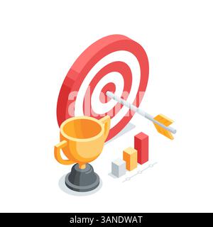 target vettoriale isometrico con freccia e tazza con grafico, a colori su sfondo bianco, obiettivo raggiunto o successo aziendale Illustrazione Vettoriale