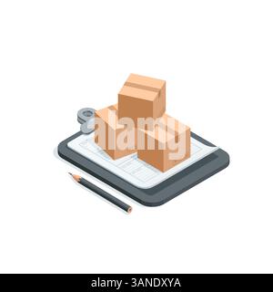 scatole vettoriali isometriche su un tablet con un documento e una matita, a colori su sfondo bianco, documentazione di magazzino o merchandising Illustrazione Vettoriale