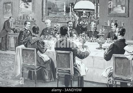 Cena presso il Principe Bismarck, otto Eduard Leopold von Bismarck-Schönhausen, dal 1865 Conte di Bismarck-Schönhausen, dal 1871 Principe di Bismarck, dal 1890 anche Duca di Lauenburg (nato il 1 aprile 1815, morto il 30 luglio 1898 a Friedrichsruh), politico e statista tedesco, riproduzione digitale di un originale del XIX secolo, storico Foto Stock