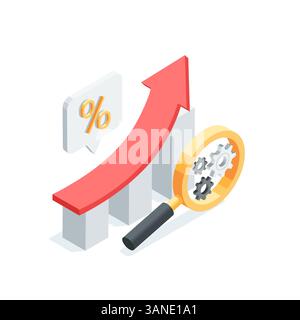 grafico vettoriale isometrico con freccia in crescita e lente di ingrandimento con ingranaggi, a colori su sfondo bianco, analisi della crescita finanziaria o del successo e me Illustrazione Vettoriale