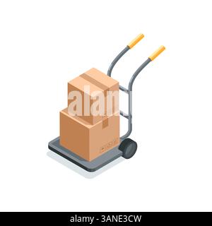 carriola vettoriale isometrica con scatole, a colori su sfondo bianco, inventario di magazzino o consegna dei pacchi Illustrazione Vettoriale