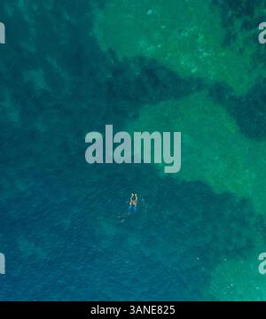 Vista aerea di donne che nuotano con le pinne nel mare dell'isola di Kioni, Grecia Foto Stock