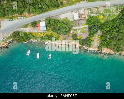 Vista aerea delle barche da pesca ormeggiate sulla costa di Fokida, Grecia Foto Stock