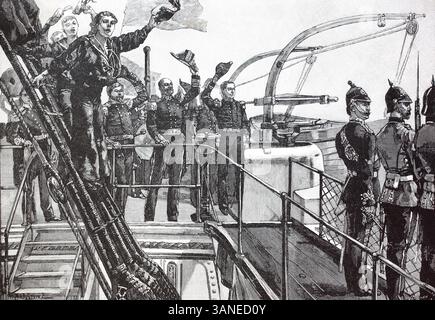 Il saluto dell'Imperatore tedesco da parte dell'Ammiraglio, degli ufficiali e dell'equipaggio della nave da guerra inglese Northcumberland, il 25 ottobre 1891, riproduzione digitale di un originale del XIX secolo, storico Foto Stock
