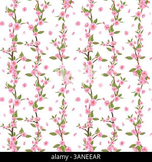 Motivo senza cuciture con rami Sakura, fiori rosa e foglie verdi. Scogliera del giardino primaverile. Sfondo floreale su bianco. Ciliegio in fiore. Mano-dr Foto Stock