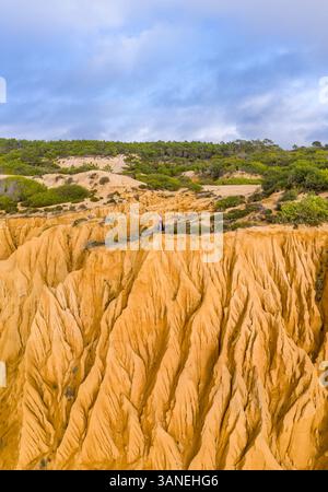 Veduta aerea di una donna in piedi sul lato della scogliera in Portogallo. Foto Stock