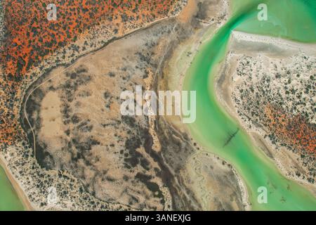 Vista aerea della grande laguna e del fiume con colori vivaci e paesaggio sereno, Shark Bay, Australia. Foto Stock
