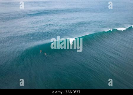 Vista aerea dei surfisti al Geger Surf Point, alla penisola di Uluwatu, Bali, Indonesia. Foto Stock