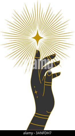 Mani con illustrazione a stella. Icona di design vettoriale femminile. Disegno mistico: Le mani della donna tengono la stella. Alchimia, magia, esoterico, occultismo Illustrazione Vettoriale