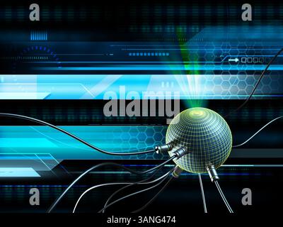 Sfondo ad alta tecnologia con alcuni cavi collegati a una sfera luminosa. Illustrazione digitale. Foto Stock