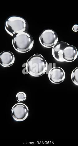 Sfere verticali cromate in argento metallizzato 3D astratte Bubbles blob rendono la carta da parati futuristica olografica chimica molecolare scienza biologia forme in Foto Stock