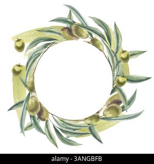 Le olive ravvivano il modello della corona ad acquerello con frutti verdi e foglie su un pennello astratto. Struttura rotonda isolata con verdure Foto Stock