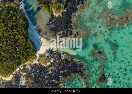 Vista aerea dell'Ilot Bernache, una piccola isola lungo la costa vicino alla barriera corallina, Mauritius. Foto Stock