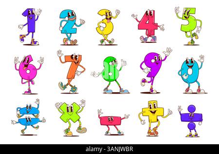 Numeri matematici caratteri scanalati, simboli matematici Vector retro happy e personaggi di cifre. I bambini imparano la matematica con personaggi simpatici di numeri carini, uguaglianza, più e meno, divisione e moltiplicazione Illustrazione Vettoriale