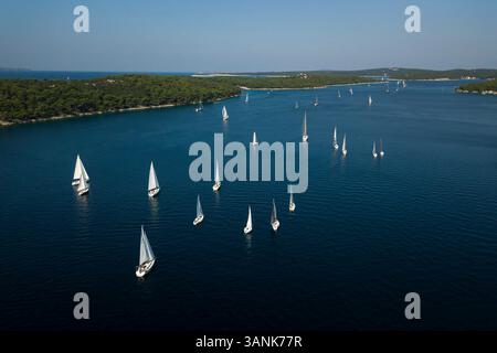 Vista aerea delle barche a vela per una regata lungo la costa di Zara con la splendida costa adriatica e il mare turchese, la Croazia. Foto Stock
