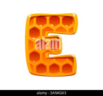 Carattere del miele, lettera a nido d'ape E. segno del tipo di raccolta dell'apicoltura, elemento vettoriale dell'allevamento di api mellifere. Apiary Farming alfabeto inglese font Letter o dolce miele agricoltura bambini ABC Typeset symbol Illustrazione Vettoriale