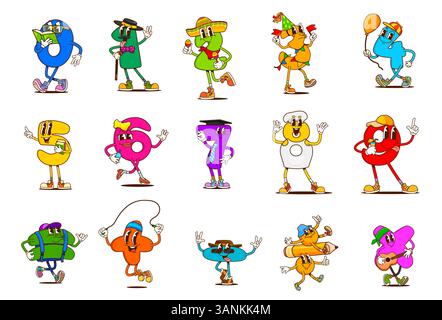 I numeri matematici dei cartoni animati sono personaggi gozzi, simboli matematici hippie felici e personaggi vettoriali con cifre psichedeliche. Numeri di Growy che si divertono alla festa, suonano la chitarra e leggono libri, educano i bambini Illustrazione Vettoriale