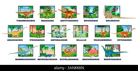 Dinosauri preistorici e lucertole cartoni animati specie con nomi, collezione di animali paleontologici vettoriali. Dinosauri preistorici, rettili giganti e lucertole insieme del Giurassico, del Mesozoico e del Cretaceo Illustrazione Vettoriale