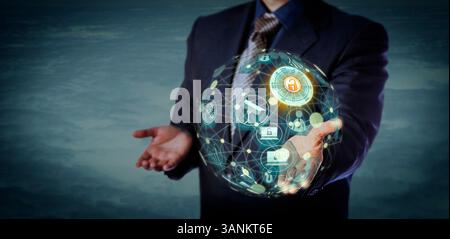 Blue chip manager che possiede un modello virtuale a forma di globo di un sistema fisico cibernetico. Concetto di tecnologia dell'informazione per l'Internet delle cose, internetwor Foto Stock