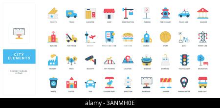 Set di icone colorate per gli elementi della città, gli edifici e le infrastrutture, i parcheggi per i trasporti e le linee elettriche. Taxi pubblici e fabbrica, direzione della strada e aeroporto, stadio e parco divertimenti illustrazione vettoriale piatto Illustrazione Vettoriale