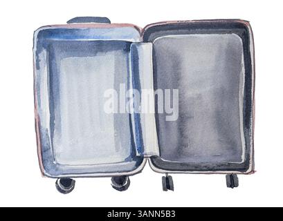Illustrazione della valigia aperta isolata su bianco. Valigia d'epoca dipinta a mano in acquerello. Clipart del concetto di viaggio. Foto Stock