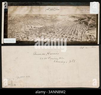 Questa vista dall'alto del 1914 di Fort Worth, Texas, di Amos S. Harris fornisce una mappa prospettica che mostra la struttura della città da un punto di vista elevato. La mappa non è in scala ed è disponibile attraverso la Biblioteca del Congresso. Foto Stock