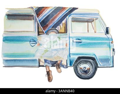 Camper d'epoca dipinto a mano ad acquerello isolato su uno sfondo bianco. Concetto turistico Foto Stock