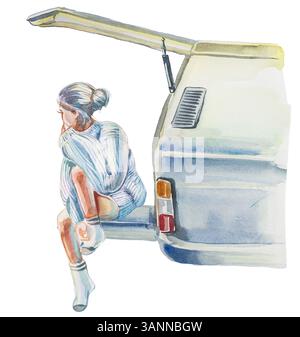 Camper d'epoca dipinto a mano ad acquerello isolato su uno sfondo bianco. Concetto turistico Foto Stock