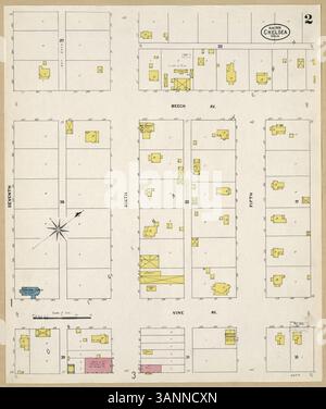 Mappa Sanborn Fire Insurance di Chelsea, Rogers County, Oklahoma, creata nell'agosto 1908, con la disposizione degli edifici e i dati dell'assicurazione antincendio. Foto Stock