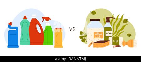 Prodotti per la pulizia organici biodegradabili ecologici e detergenti chimici, banner infografico per confrontare i prodotti più puliti. Pile di bottiglie di plastica e pulitori fatti in casa illustrazione vettoriale di cartoni animati Illustrazione Vettoriale