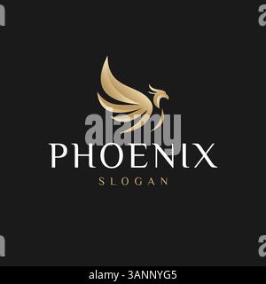 Flying Golden Phoenix Bird Flying Phoenix Bird Logo Design sfondo nero Illustrazione Vettoriale