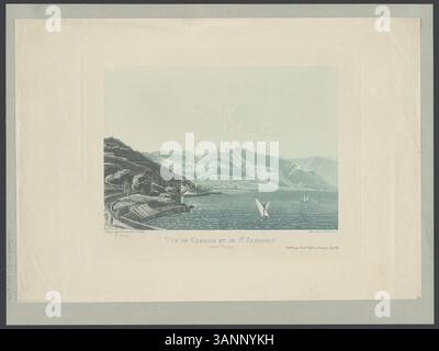 Questa stampa acquatinta mostra la vista di Glerole e San Saphorin verso Vevey, mostrando il pittoresco paesaggio che circonda il lago di Ginevra. L'opera fu disegnata da Johann Jakob Wetzel e incisa da Johann Hürlimann. Fa parte della collezione della Biblioteca nazionale svizzera, che riflette la bellezza del paesaggio svizzero. Foto Stock