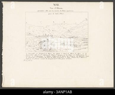 Questa incisione del 1829 raffigura Illanz, la prima città sull'alto Reno, con una vista dettagliata da sud a ovest. Parte di una serie che rappresenta viste pittoresche lungo il Reno, la stampa cattura il layout della città e il paesaggio circostante. Foto Stock