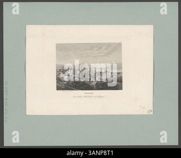 Questa stampa storica offre una vista dettagliata di Losanna, catturando l'architettura e il paesaggio della città. La stampa fa parte di una serie della Biblioteca nazionale svizzera, che mostra la ricca storia culturale e architettonica della regione. Foto Stock