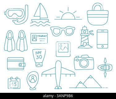 Set di scarabocchi blu con elementi da viaggio Illustrazione Vettoriale