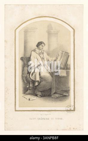 Questa litografia della collezione Boyer ritrae Saint Grégoire de Tours, l'influente vescovo del vi secolo, celebrato nella storia cristiana. Foto Stock